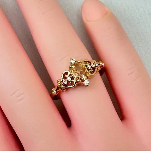 Art Deco Style Champagne Topaz CZ Ring Gold Vintage Inspired Filigree Cocktail - Picture 4 of 8
